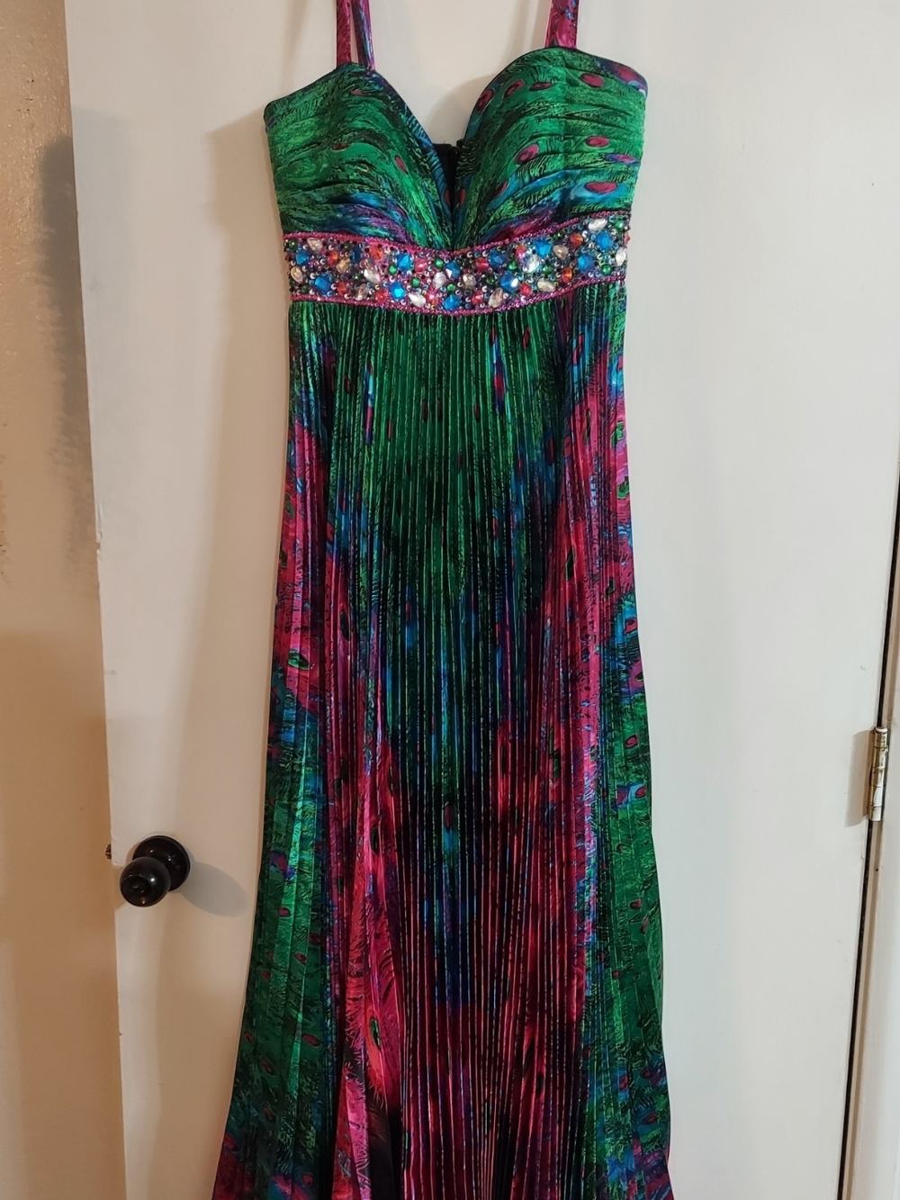Strapless Green and Pink Jeweled Empire Waist Evening Dress